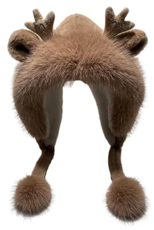 F Fityle Frauen Geweih Ohren Trapper Hut, Niedliche Wintermütze mit Ohren und Geweih, Warme Gehörschutz Hut, Cartoon Weiche Plüsch Mütze, Kunstfell Tiermütze für Outdoor Reiten Klettern, Kaffee