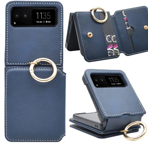 YQODSZ for Motorola Razr 2023 Case with Card Holder, Premium PU Leather Flip Cover with Ring Holder Hinge Protection Scratch-Resistant Wallet Flip Protective Case for Motorola Razr 2023 Blue