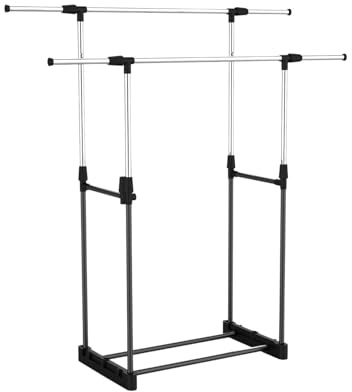 THINIA HOME Esel-Garderobenständer mit silbernem Schuhregal, ausziehbar und verstellbar, Kleiderständer mit Industrierohr, Kleiderständer, Ankleidezimmer, Flur, Schlafzimmer, 172 x 41 x 157 cm