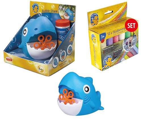 PUSTEFIX Mini Seifenblasenmaschine Hai & MALEFIX Straßenkreide 12er Packung I Seifenblasen Kinder Set I Bubble Spaß bei Kinderpartys & Geburtstagen