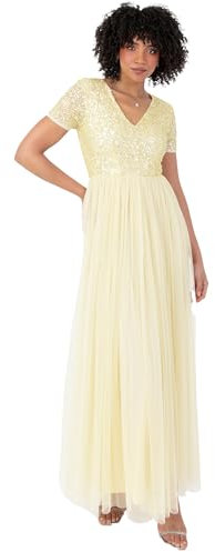 Maya Deluxe Women's Ladies Dress for Wedding Guest Plus Size Empire High Waist Sequins Short Sleeve Evening Bridesmaid, Lemon, 12