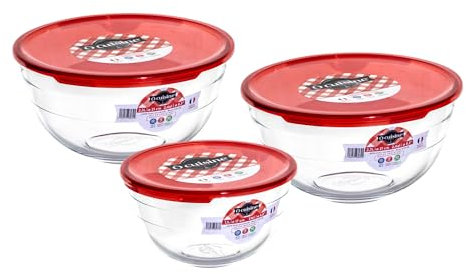 Ocuisine Ôcuisine® Glass Round Mixing Bowl Set with Red Lids | Extreme Resistance | Oven Safe - Freezer Safe - Microwave Safe | Borosilicate Glass | Made in France Prep & Store (Set of 3-1L & 2 x 2L)