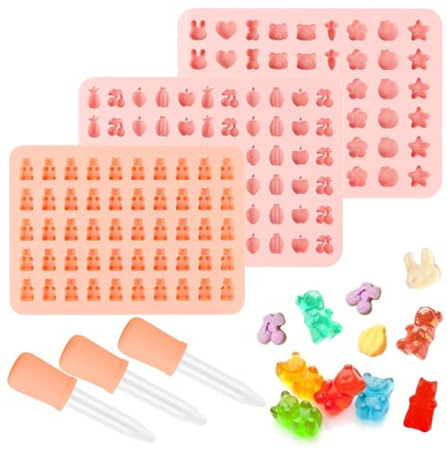 KFDDRN Gummibärchen Selber Machen Set, 3 Stück Silikonform Gummibärchen, Silikon Pralinenform, Mini Herz Gummibärchen Form Silikon Für Eiswürfelformen, Gelee Bonbonform Mit 3 Pipetten