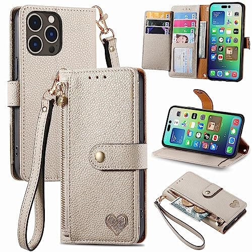 VEEMOS Zipper Wallet Case for Apple iPhone 14 Pro Max Phone Case with Purse Card Holders RFID Blocking Leather Flip Case Book Cover Wrist Strap Women - Gray