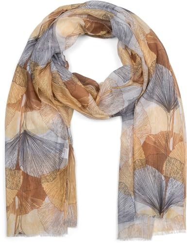 styleBREAKER Damen Schal mit farbigem Ginkgo Leaves Blätter Muster Print und kurzen Fransen, leichtes Tuch, Stola 01016208, Farbe:Gelb-Braun