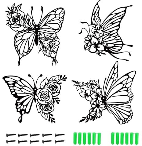 4 Stück Metall Wanddeko Outdoor, Große 3D Schwarzer Schmetterling Blume Wanddeko Wohnzimmer, Aussen Wand Hängen Kunst Ornament, 29CM Eisen Wetterfest Deko Zeichen