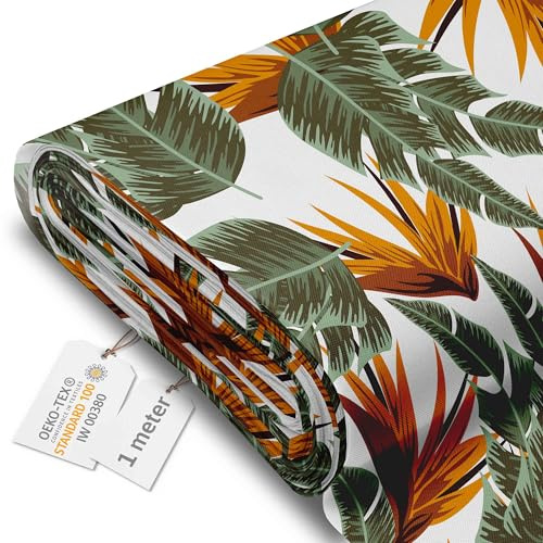 DreamRoots Markisenstoff Meterware, Tropical Strelizia, 1 m | Oxford Segeltuch, wasserdicht, Polsterstoff, 220 g/m² 600D, 160 cm breit, wasserabweisend, für außen & Deko