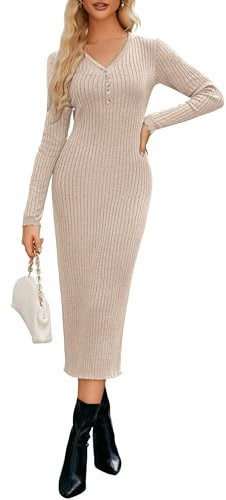 OUGES Wool Blend Knitted Maternity Dress for Photoshoot Midi Nursing Breastfeeding Clothes Pregnancy Jumpers-L Apricot