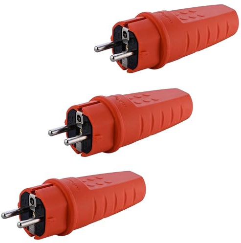 Lot de 3 fiches d'alimentation en caoutchouc 230 V, 16 A, IP44, étanche, incassable, fiche Schuko avec décharge de traction, prise de contact de protection avec douille de protection anti-torsion pour