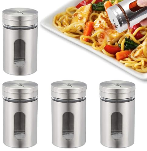 Gewürzstreuer aus Edelstahl und Glas - 4 Stück Camping Behälter mit 3 Verschiedenen Lochgrößen für Pfeffer, Salz, Zucker und Verschiedene Gewürze