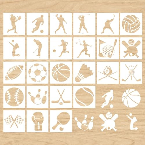 Vordpe 25 Stück Ball Schablonen zum Malen, Schablonenschablone zum Thema Sport, Stencil Schablonen, Athlet Zeichenvorlage, für DIY Zeichnen, Tagebuch, Leinwand, Holz