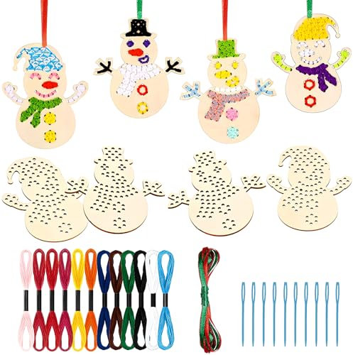 volumoon 10 Pieces Christmas Wooden Cross Stitch Kits, Christmas Tree Ornaments Hanging Decorations Wooden Christmas Decorations, Christmas Arts and Crafts for Beginners DIY Project (Snowman)