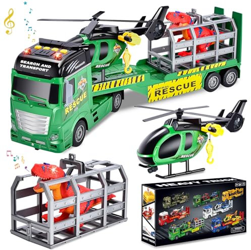 HerefunDinosaurier Lastwagen Spielzeug, Abschleppwagen Spielzeug mit Hubschrauber Dinosaurier, Reibungsbetrieb Autotransporter, Autotransporter Kinder, Geschenk für Jungen 3, 4, 5, 6+ Jahren
