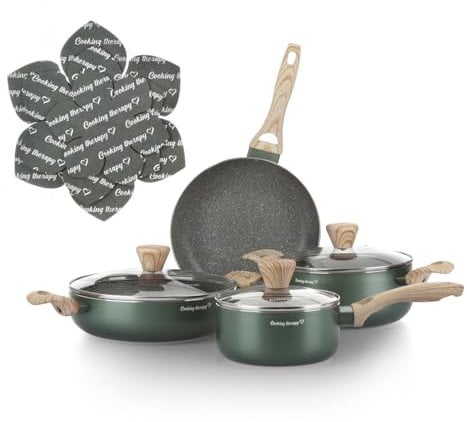 KASANOVA Batteria pentole Cooking Therapy, Set pentole induzione e padelle antiaderenti con paletta, Set cucina completo con scritta al laser e manici effetto legno (10)