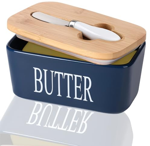 Butter Dish, Ceramic Butter Dish with Bamboo Lid and Cutter, Blue | Porcelain Butter Box with Metal Knife, 650ml Storage Butter Container for Nuts Cheese ( 17.1x11x7.5cm )