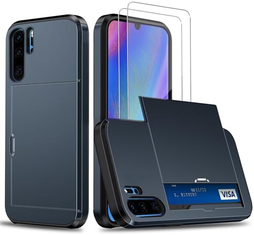 Beajew Coque Portefeuille pour Huawei P30 Pro avec 2 Pièces Verre Trempé, Étui de Protection Téléphone Double Couche Antichoc, Fente Cachée Coulissante, Antichoc Housse Portefeuille -Cyan Tibétain