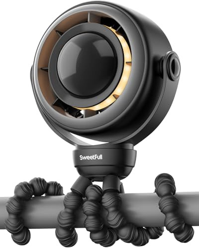 SWEETFULL Ventilador para cochecito de bebé, recargable de 4000 mAh, 4 velocidades, silencioso, con pantalla LED y luz nocturna, mini ventilador portátil seguro de 360° con clip para asiento de coche