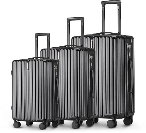 TIYFIY Kofferset 3 Teilig Hartschale Koffer Set Robustes und Langlebiges PC-Material Koffer mit TSA-Schloss Trolley Reisekoffer mit 360°-Rollen Rollkoffer für Reisen Geschäftsreisen, Schwarz