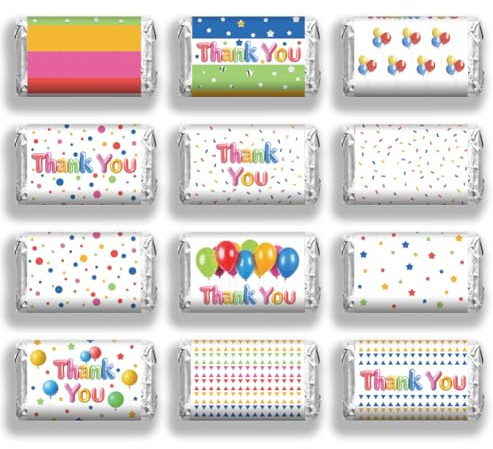 arricraft 120 Stück Moderne Bunte Bonbonpapiere Sterne Luftballons Danke Mini Candy Bar Wrapper Schokolade Bar Label Aufkleber Für Gäste Hochzeit Geburtstag Party Gefälligkeiten