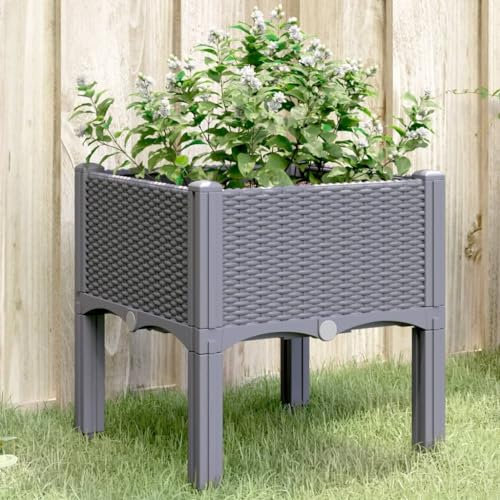 Myheimly Pflanzkasten mit Beinen Rattan-Optik, Pflanzkübel für Garten Terrasse, Blumenkasten Hochbeet Gemüsebeet Grau 40x40x42 cm PP