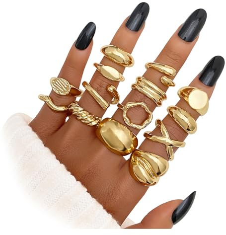 TELAIN 14 Stück Goldene Chunky Ringe Set für Damen 14k Goldplattierte Dicke Dome Ringe, Stapelbare Offene Ringe, Trendiger Minimalistischer Schmuck, Geschenkidee