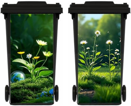 PLOIKM 2 Pieces Daisy Wheelie Bin Stickers, Multi-Size Self-Adhesive Dustbin Stickers, Wall Art, Waterproof Decal for Garden, Indoor and Outdoor