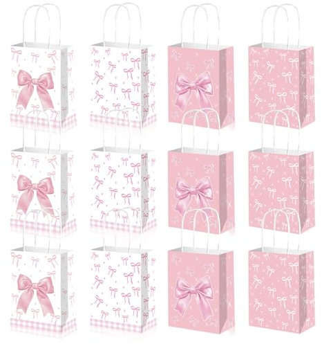 12 Stück Rosa Schleife Papiertüten mit Henkel 21x16x8 cm Geschenktüten Klein Papiertaschen Geschenk Tüten für Einkaufen Hochzeiten Verpackungen Partys Geburtstag Weihnachten