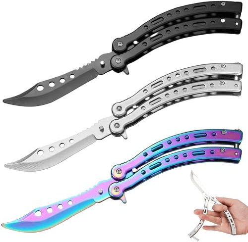 GOMETY 3 coltelli a farfalla per esercitare, lama saffilata, pettine a farfalla, in acciaio inox per coltelli da allenamento (nero, bianco, colore)