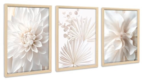 3Pcs Cadre en bois Impression sur Toile Lotus Blanc Pivoine Feuilles de Palmier Tableau sur Toile Peinture Fleur Fleur Boho Tableau Decoration Murale Salon Chambre Maison 30x40cm x3 (Pas de plexiglas)