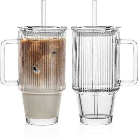 KEMORELA 2-Pack 24 Oz Ribbed Glass Tumblers with Lids and Straws, Handle Iced Coffee Cups, Clear Reusable Drinkware for Smoothies, Cold Beverages - Dishwasher Safe