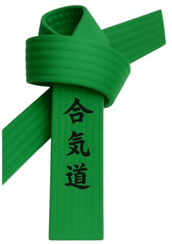 TEKKA BUDO Ceinture d'aïkido verte brodée - caractères d'aïkido janais - Sangle verte avec broderie Kanji, vert, 300 cm