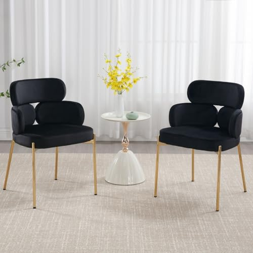 DAYALANE Lot de 2 Chaises de Salle à Manger en Velours Chaise de Cuisine avec Accoudoirs Chaise Chambre Scandinave avec Pieds en Métal Doré, Noir