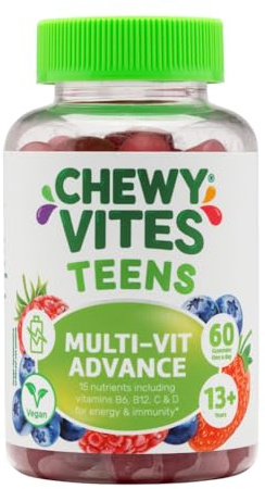Chewy Vites Teens Multi-VIT Advance, Teen Vitamin Gummies, 60 Count | 15 Essential Nutrients, for Teens 12+, for Energy and Immunity, Real Fruit Juice, Vegan, Berry Flavour, 2 Months Supply