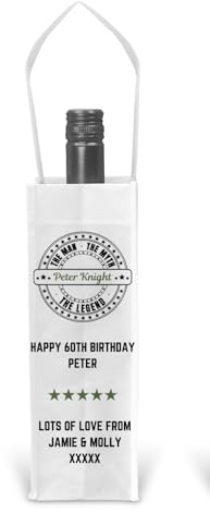 Personalised The Man The Myth The Legend Design Bottle Bag Gift for Wine Champagne Spirits 18th 21st 30th 40th 50th 60th 65th 70th 80th Birthday Son Dad Grandad