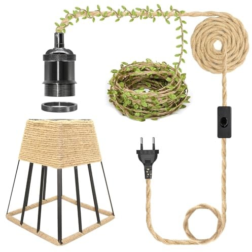 ZRLXFM Hanfseil Pendellampe E27 mit Stecker, 5,1m Hanfseil-Kabel & Schalter, quadratischer Vintage-Lampenschirm aus Metall, inkl. 5m grünem Deko-Band – für Pavillon, Terrasse & Landhausstil