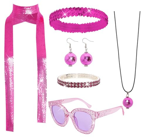 XIABYAYU Disco Accessoires, 6 Stück 70er Jahre Disco Zubehör, Glitzer Haarbänder, Discokugel Ohrringe, Sonnenbrille, Discos Outfit Damen 70er Glitzer Accessoires für Mottoparty, Karneval Party