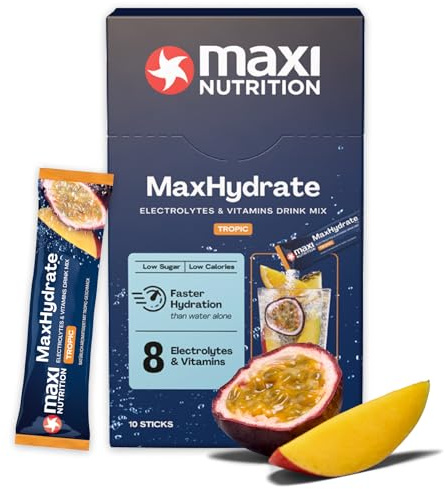 MaxNutrition MaxHydrate Classic Elektrolyte Pulver, 10 Sticks mit 1.389 mg Elektrolyten, Isotonisches Getränkepulver zur besseren Flüssigkeitsversorgung des Körpers, Tropic, Vitamin Drink