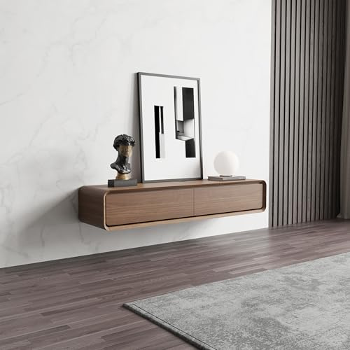 POVISON TV Schrank schwebend 140cm modern Walnussholz aus Massivholz mit 2 Schubladen, TV Lowboard hängend mit Kabelmanagement hochwertig, Komplettmöbel mit Stauraum für Wohnzimmer