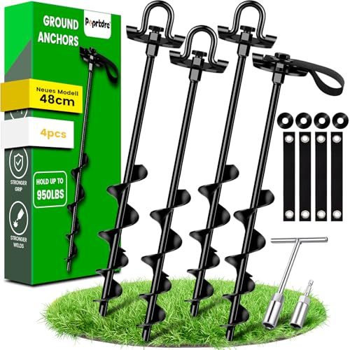 Erdanker Schwerlast 4 Pack (48cm), Trampolin Erdanker für Garten, Schuppen | Spiral Bodenanker mit versteckter Öse, Rasenmäherfreundlich, Montage mit Bohrmaschine oder T-Griff, Sturmfest