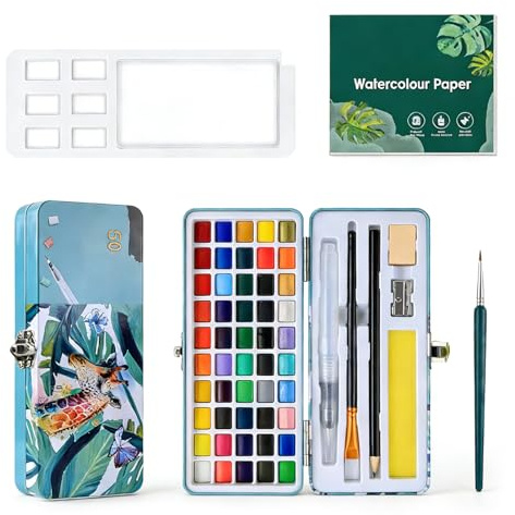 Bgfaquri 50 Aquarellfarben Set, Aquarell Set in Tragbarer Box – Inklusive Pinsel, Aquarellpapier, Palette und Details Pinsel, Wasserfarben Set für Künstler, Hobbymaler, Reisen für Malfreunde