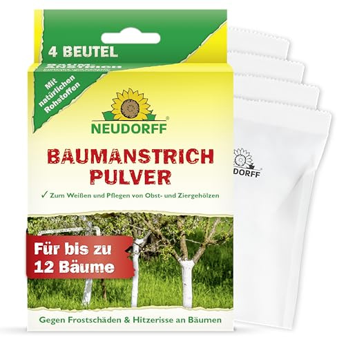 Neudorff Baumanstrich Pulver – Kalkanstrich zum selbst anmischen ohne Eintrocknen zum natürlichen Weißen und Pflegen Obstbäumen und Beerensträuchern, 4 Beutel für bis zu 12 Bäume