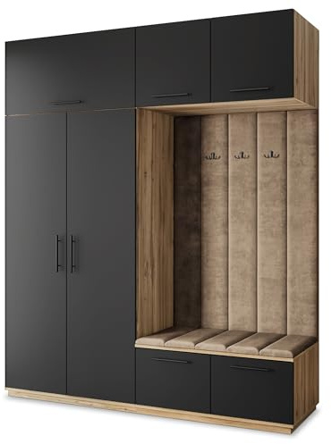 Masseno Flugarderoben Set Rema, Kleiderschrank-Set mit Sitzbank, Garderobenschrank Flur mit 5 Regalböden, Eiche Wotan/Schwarz