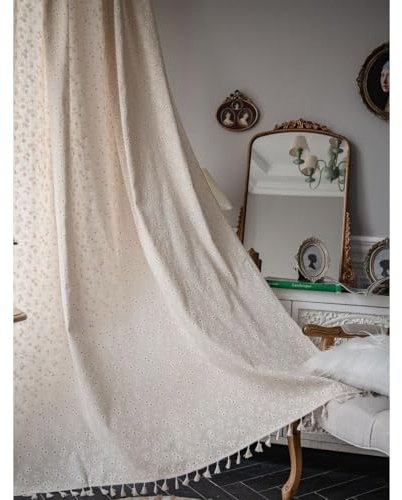 LUANTIANPAI Blumen Vorhang Daisy Gardine Vintage Landhausstil Boho Baumwolle Leinen Rustikal Dekoschal mit Quasten Stangendurchzug Halbblickdicht für Küche Schlafzimmer 1 Panel B150×H220cm