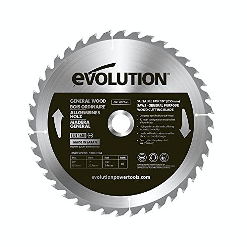 Evolution Power Tools GW255TCT-40 General Wood Carbide Tipped TCT Blade, For Table Saws and Mitre Saws, Smooth and Fast Cuts In Wood, Clean, Splinter Free Cut, 40 Teeth, 255 mm