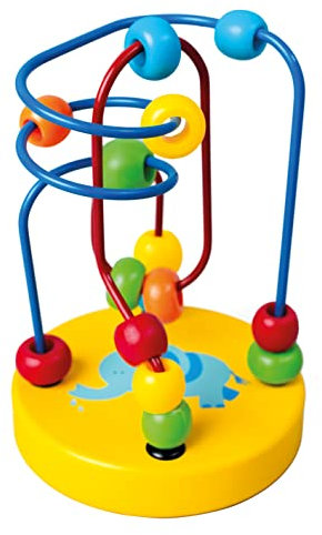 Bino Motorikschleife, Holzspielzeug, (Motorikspielzeug für Kinder ab 10 Monaten, fördert die motorischen Fähigkeiten, mit gelb lackiertem Holzsockel, Maße ca. 9x12,5x9 cm), Gelb