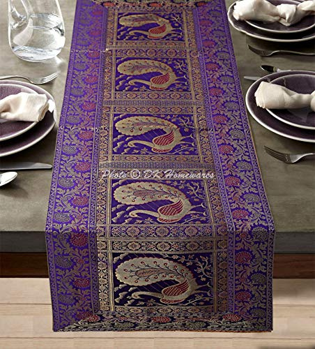 DK Homewares Zuhause Dekoration Indisch Lila Tischdecke Brokat 60 X 16 Zoll Jacquard Pfau Blumen- 5 Ft Satin Stoff Tischläufer ( 150 X 40 cm / Lila Gold )