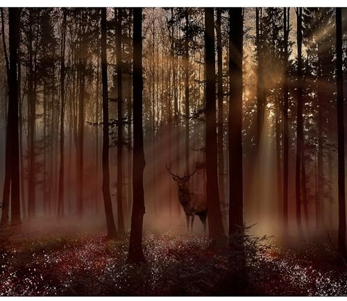 decomonkey Fototapete Wald Natur 350x256 cm Design Tapete Fototapeten Vlies Tapeten Vliestapete Wandtapete moderne Wand Schlafzimmer Wohnzimmer Hirsch Baum