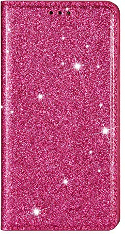 Unichthy iPhone 12 / iPhone 12 Pro Case All Glitter Flip Case for Women Solid Sparkly PU Leather Bling Wallet Phone Cover Card Slots Stand Magnetic Closure Shockproof Shell Deep Pink