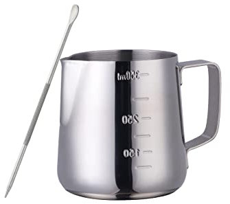 Milchkännchen, 350ml Edelstahl Aufschäumkännchen, Kaffee Creamer Milch Aufschäumer Kännchen Tasse mit Messung Mark und Latte Art Pen, milchkanne perfekt für Barista Cappuccino Espresso,12oz,Silber