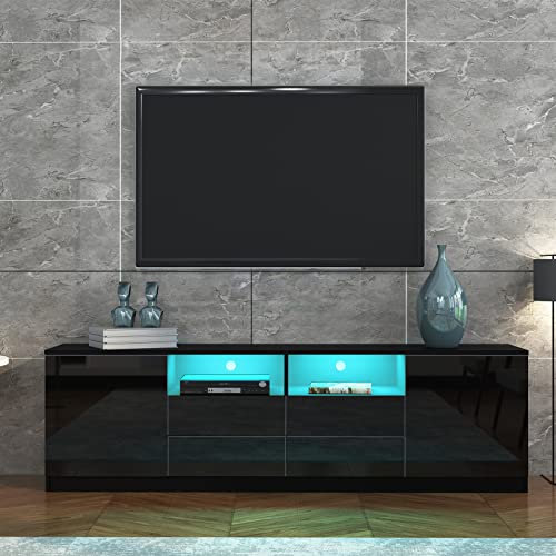 Senvoziii TV Lowboard mit Front Hochglanz Schwarz 180 cm TV-Schrank LED Beleuchtung Modernes Sideboard mit 2 Türen und 4 Schubladen für Wohnzimmer